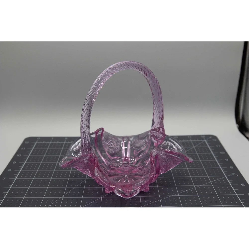 Vintage Fenton Pink Pressed Glass Basket Ruffled Edge Floral Starburst Design